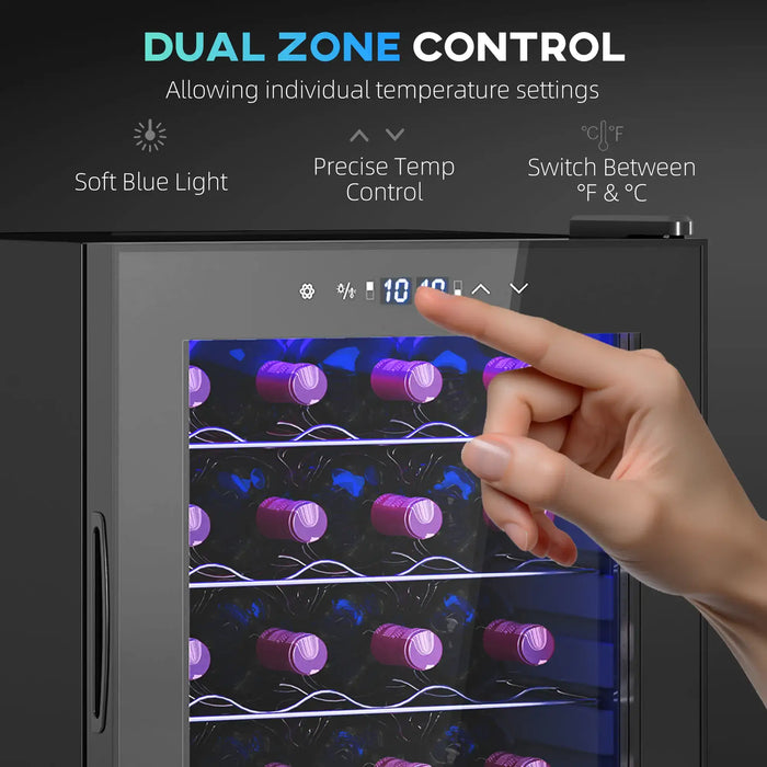 Wine cooler with dual zone control and soft blue light, showing a hand adjusting the temperature.