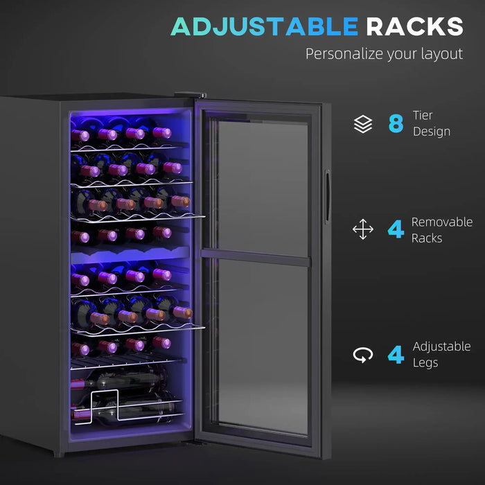 Wine cooler with adjustable racks and wine bottles inside, on a dark background.