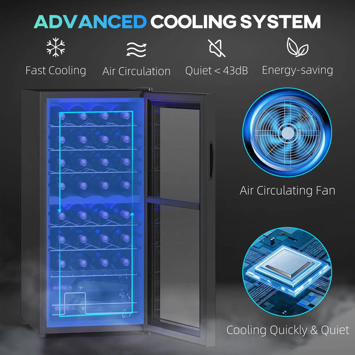 Wine cooler with open door displaying bottles, featuring an advanced cooling system with text and icons.