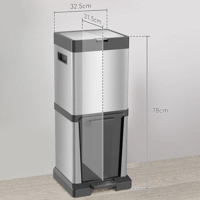 Step trash can with dimensions labeled on a gray background