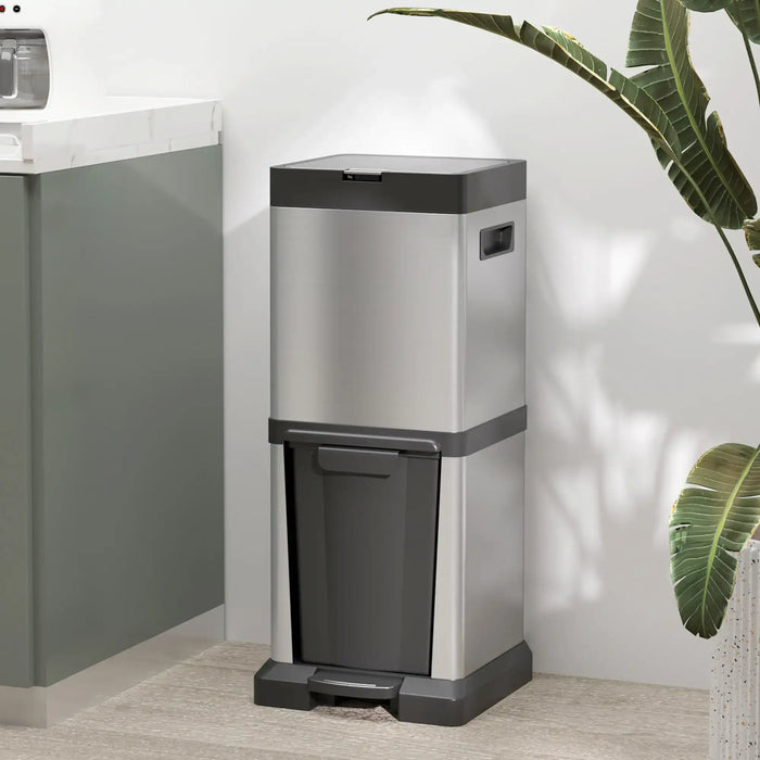 Two-toned trash can with a modern design in a room setting.