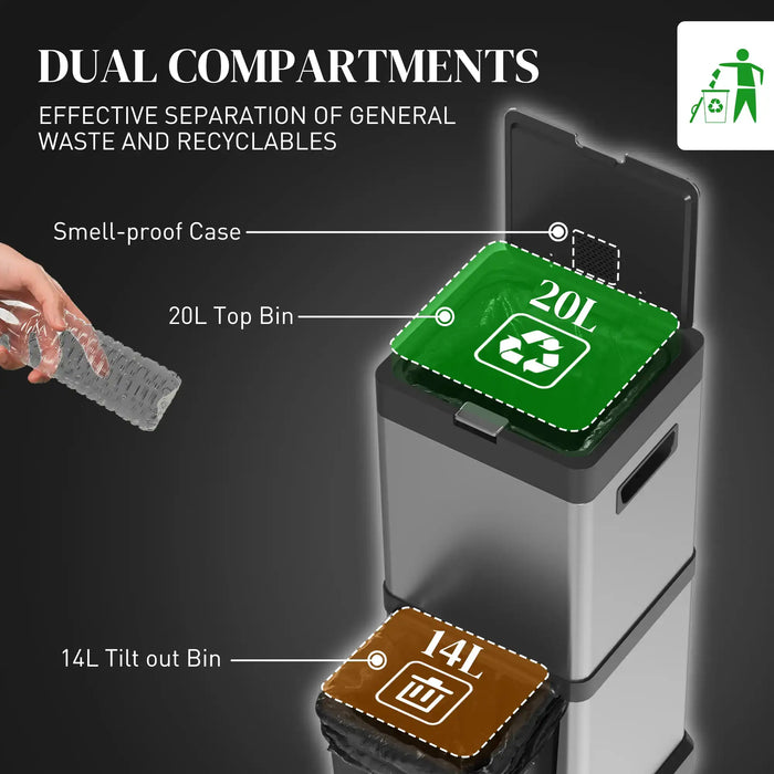 Dual compartment trash bin with labeled sections on a dark background