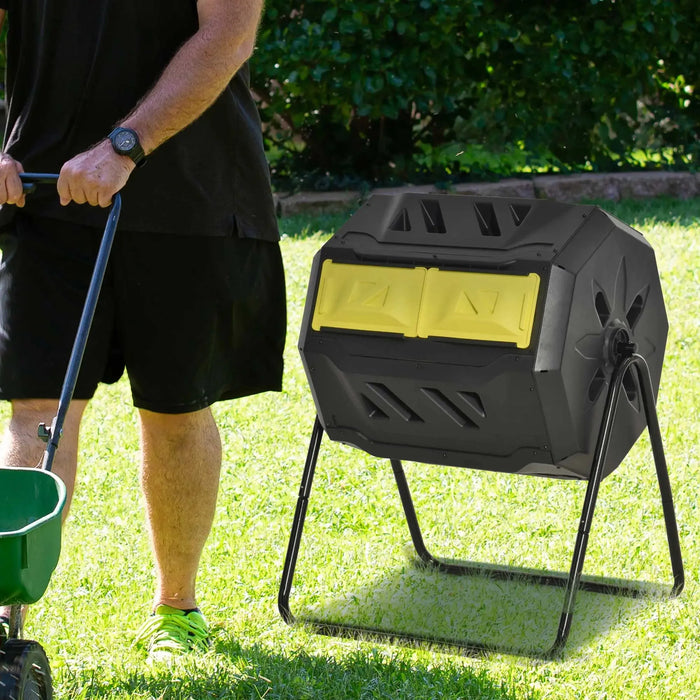 360° Rotating Composter with Dual Chamber in Black and Yellow 160L - Little and Giant Explorers Outsunny