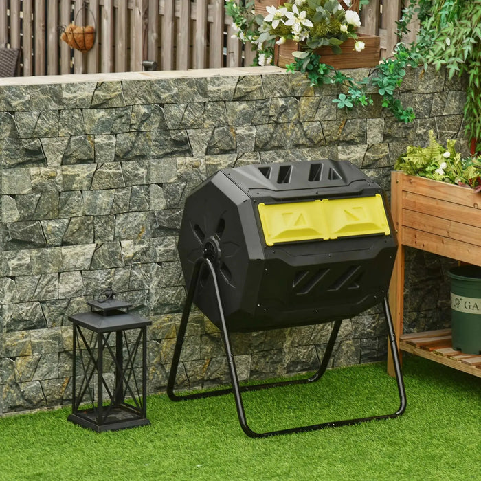 360° Rotating Composter with Dual Chamber in Black and Yellow 160L - Little and Giant Explorers Outsunny