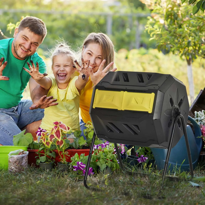 360° Rotating Composter with Dual Chamber in Black and Yellow 160L - Little and Giant Explorers Outsunny