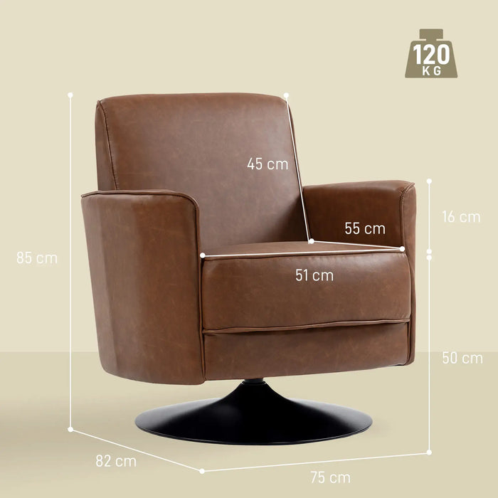 Brown armchair with dimensions and weight capacity on a beige background