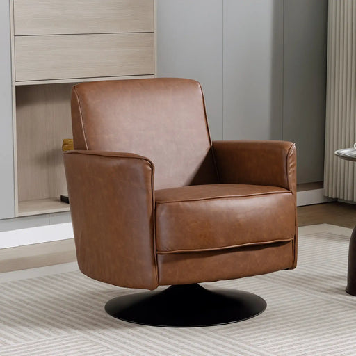Brown leather swivel chair in a room with wooden cabinets and a striped rug.
