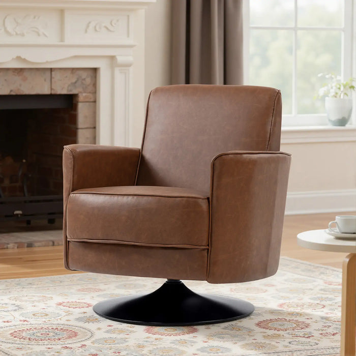 Brown leather swivel chair in a living room setting with a fireplace and window.