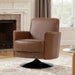 Brown leather swivel chair in a living room setting with a fireplace and window.