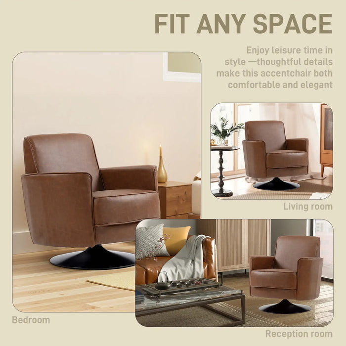 Brown accent chair shown in various room settings with text 'Fit Any Space'.