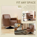 Brown accent chair shown in various room settings with text 'Fit Any Space'.