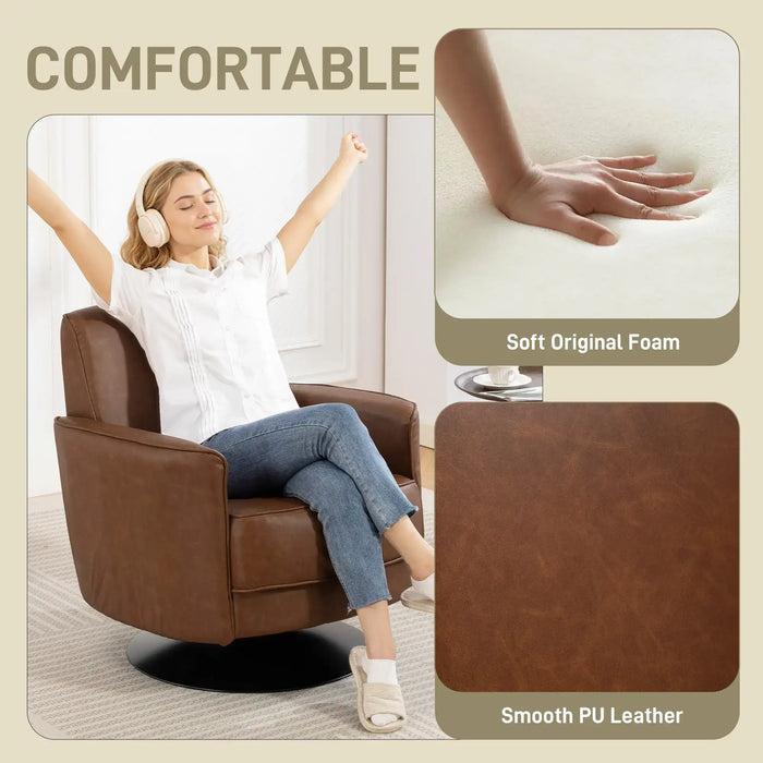 Woman relaxing on a brown leather armchair with text and images highlighting comfort and materials.
