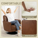Woman relaxing on a brown leather armchair with text and images highlighting comfort and materials.