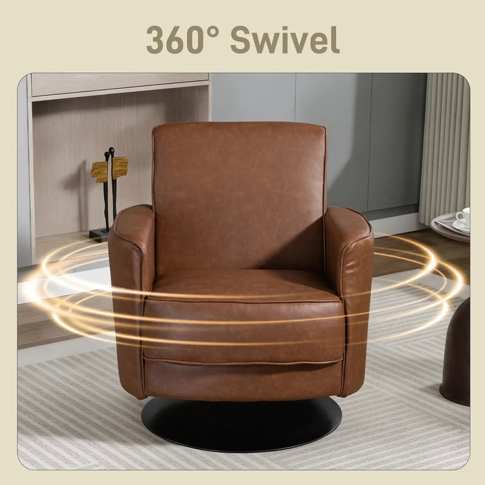 Brown leather armchair with 360-degree swivel feature in a room setting.