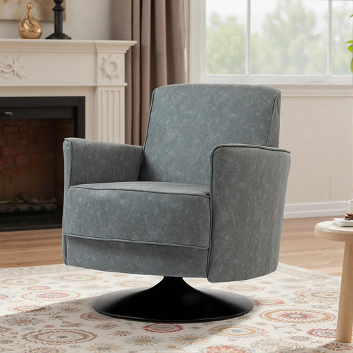 Gray swivel chair in a living room setting with a fireplace and window.