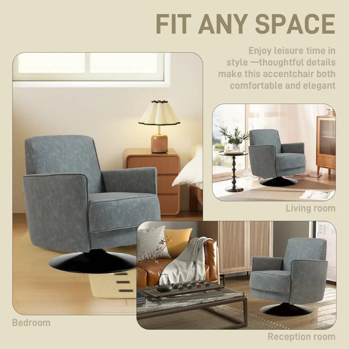 Gray armchair in various room settings with text 'Fit Any Space'.