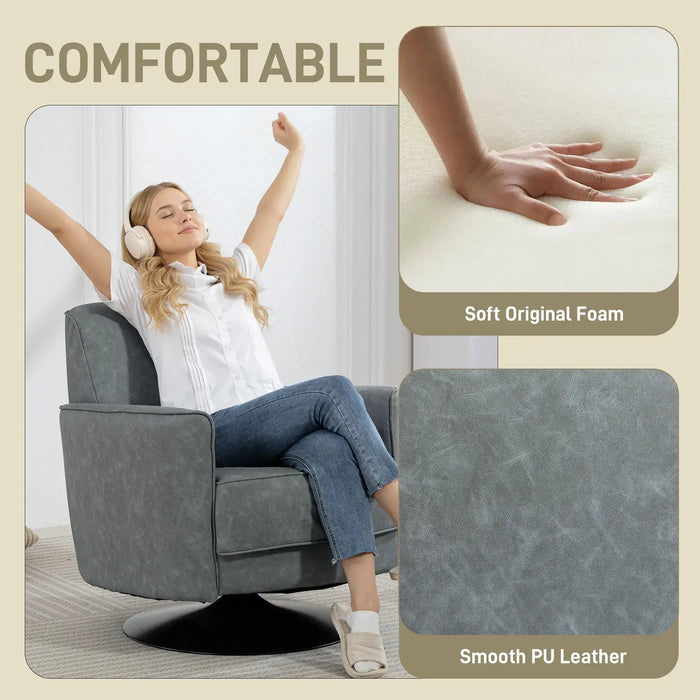 Woman relaxing in a gray armchair with text about soft original foam and smooth PU leather.