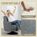 Woman relaxing in a gray armchair with text about soft original foam and smooth PU leather.