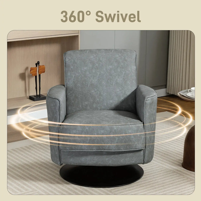 Gray armchair with 360-degree swivel feature in a room setting.