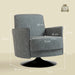 Gray armchair with dimensions and weight capacity indicated on a beige background