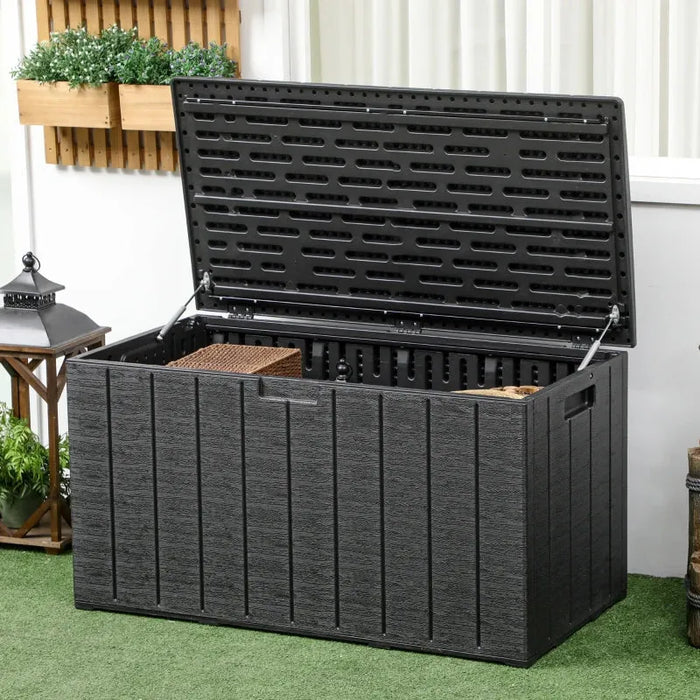 366L Outdoor Storage Box – Black Double-Wall Plastic | Hydraulic Lid OUTSUNNY - Little and Giant Explorers Outsunny