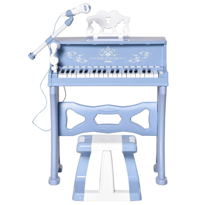 Blue 37-key kids piano with microphone, matching stool, and decorative backrest