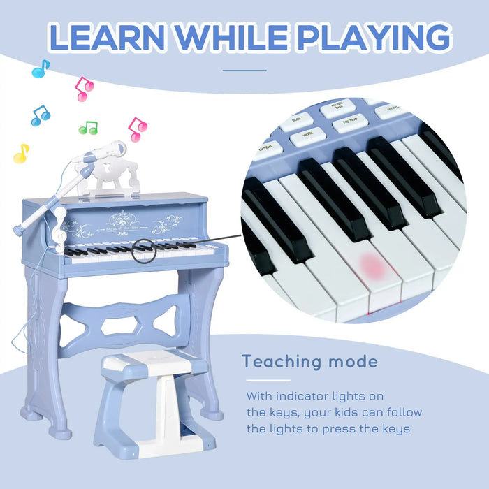 Blue kids piano with microphone, stool, teaching mode with light-up keys for learning