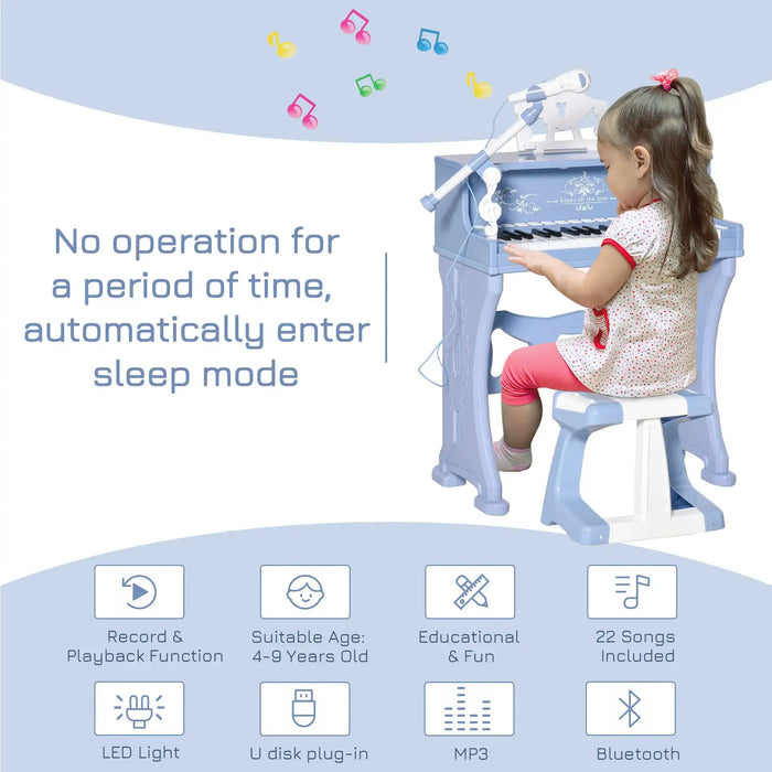Girl playing blue 37-key kids piano with microphone, Bluetooth, MP3, and educational features.
