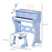 Blue 37-key kids piano with microphone, music stand, matching stool, and size dimensions