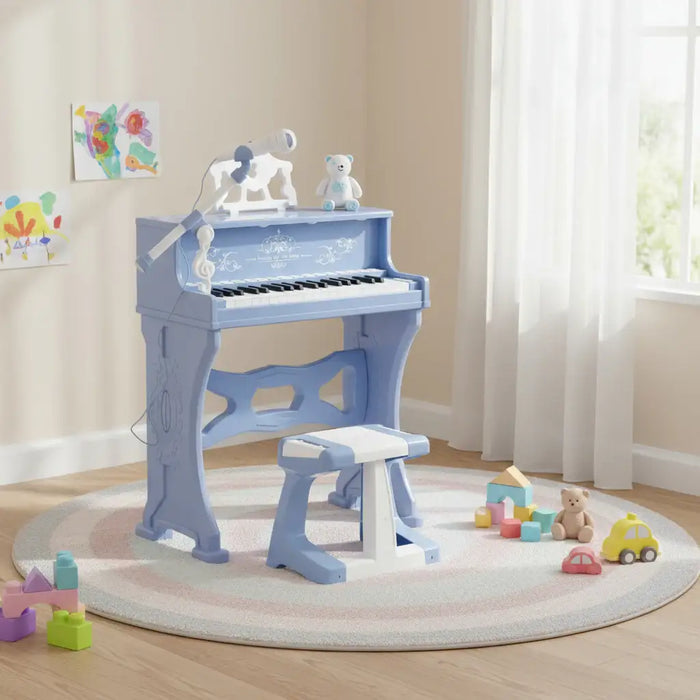 Blue 37-key kids piano with stool in bright playroom, surrounded by toys and wall art.