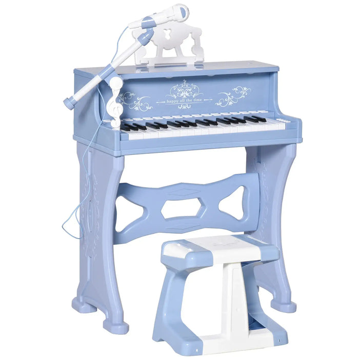 Blue 37-key kids piano with matching stool and microphone, toy instrument for children