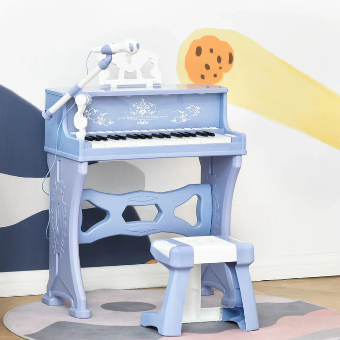 Blue 37-key kids piano with microphone and matching stool, set against a playful wall mural.