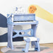 Blue 37-key kids piano with microphone and matching stool, set against a playful wall mural.