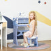 Child playing blue 37-key kids piano with microphone in a colorful playroom