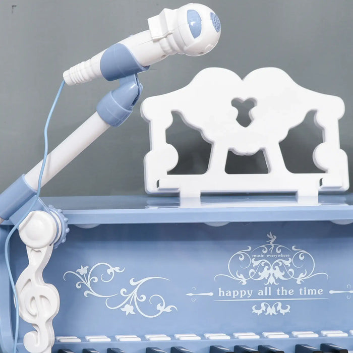 Blue kids piano with microphone, music note design, and 'happy all the time' text.