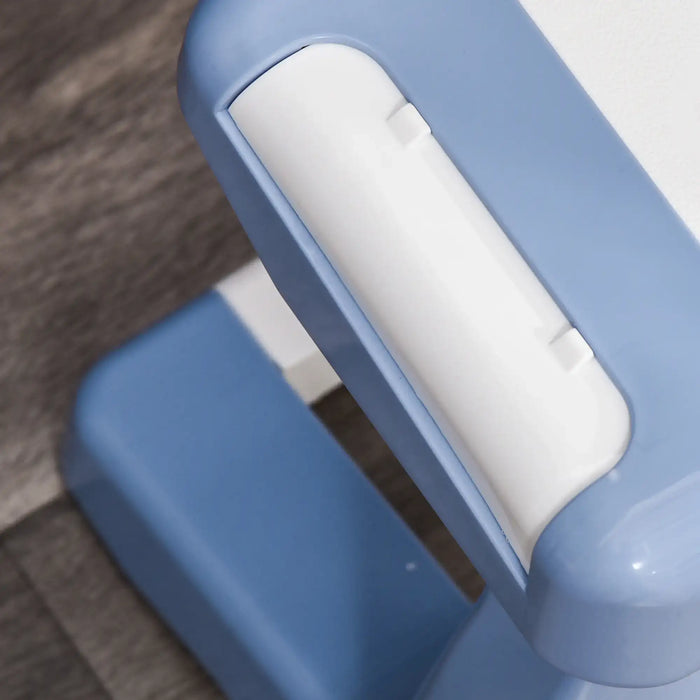 Close-up of blue and white plastic piano or keyboard leg on wood floor