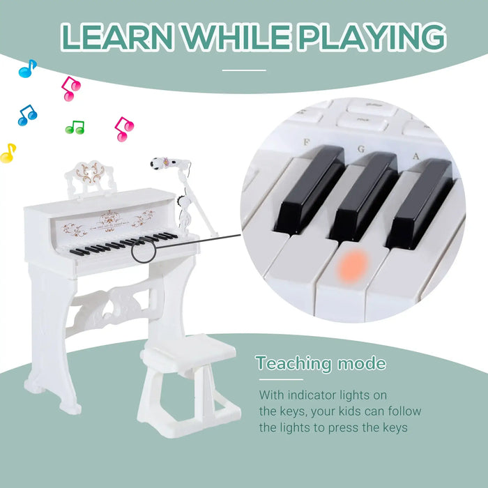 White kids piano keyboard with stool, teaching lights, and microphone toy.