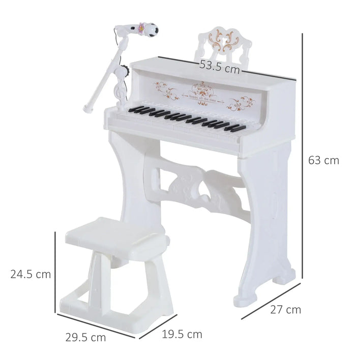 White 37-key kids piano with microphone, matching stool, and dimensions labeled