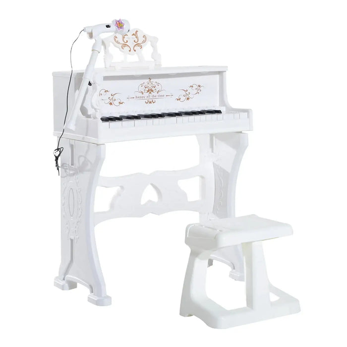 White 37-key kids piano with microphone, stool, decorative gold details, and educational keyboard