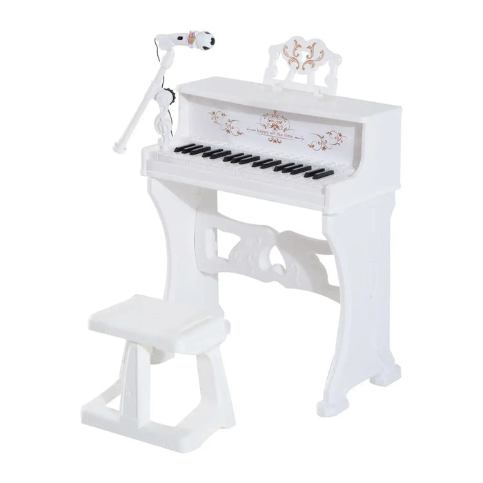 White 37-key kids piano toy with bench and attached microphone, decorative design