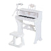 White 37-key kids piano toy with bench and attached microphone, decorative design