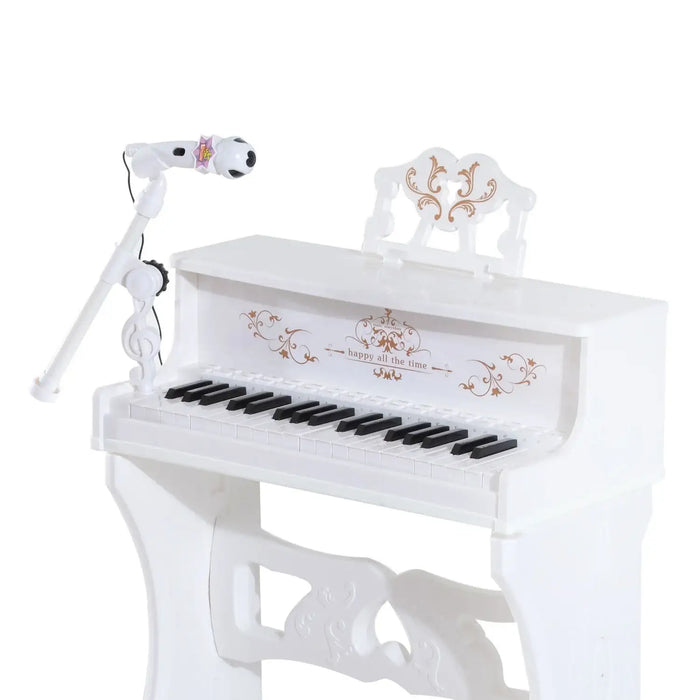 White 37-key kids piano toy with microphone, decorative gold accents, and music stand