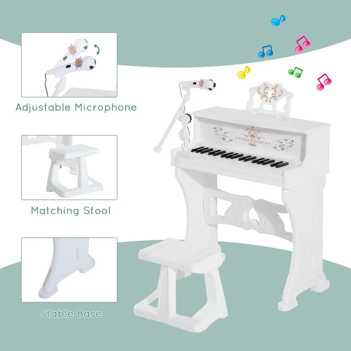 White 37-key kids piano with adjustable microphone, matching stool, and stable base