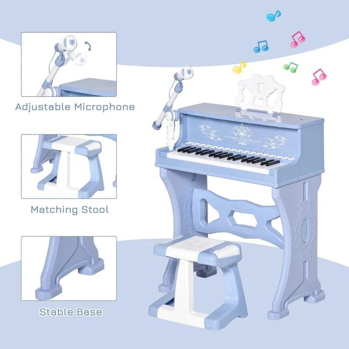 37 Keys Kids Piano Mini Electronic Keyboard with Stool, Microphone and Music Stand in Blue - Little and Giant Explorers HOMCOM