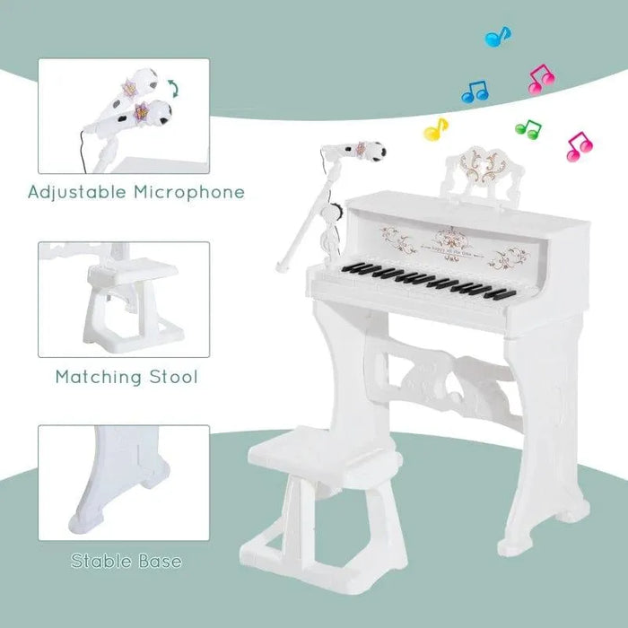 37 Keys Kids Piano, Mini Electronic Keyboard with Stool, Microphone and Music Stand in White - Little and Giant Explorers HOMCOM