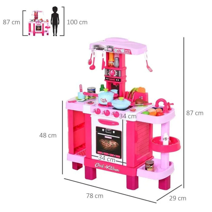 Pink kids kitchen playset with oven, sink, utensils, play food and size dimensions shown