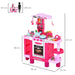 Pink kids kitchen playset with oven, sink, utensils, play food and size dimensions shown