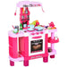 Pink kids kitchen playset with oven, stove, sink, cookware, and toy food accessories