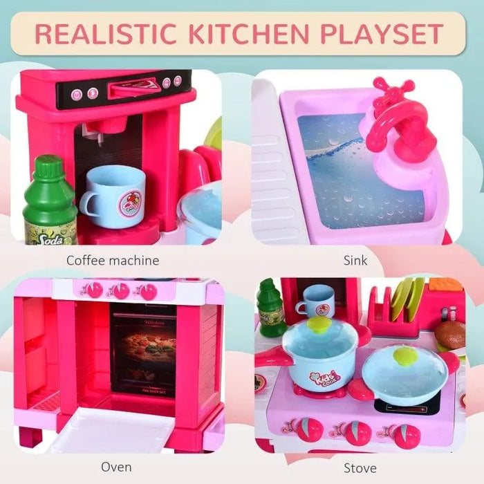Pink 38-piece kids kitchen playset with oven, stove, sink, coffee machine, and play food.