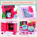 Pink 38-piece kids kitchen playset with oven, stove, sink, coffee machine, and play food.